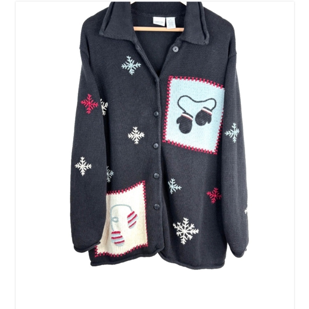 VTG 90s Ugly Christmas Sweater Cardigan 1X Embroidery Patchwork Mitten Snowflake